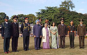 The Prime Minister, Dr. Manmohan Singh and his wife, Smt. Gursharan Kaur during the Passing Out Parade at the Platinum Jubilee Course of Indian Military Academy, in Dehradun, on December 10, 2007