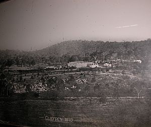1827 - The Ben Hall Sites - Cliefden - Early photograph of Cliefden (1870) shows graveyard and the scale of the barn and woolshed building. (5052149b4)