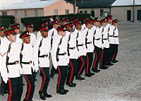 Soldiers in white-and-black dress uniforms
