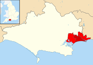 Location of former Bournemouth unitary authority (dark red) within Bournemouth, Christchurch and Poole (red), and Dorset