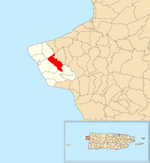 Location of Cruces within the municipality of Rincón shown in red