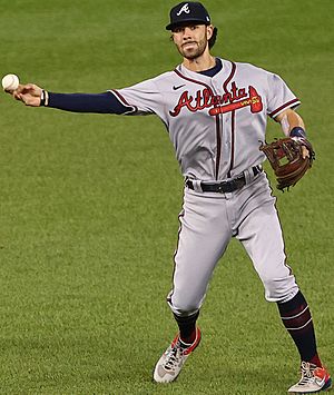 Dansby Swanson fields a ground ball from Nationals vs. Braves at Nationals Park, September 12th, 2020 (All-Pro Reels Photography) (50337478542) (cropped)