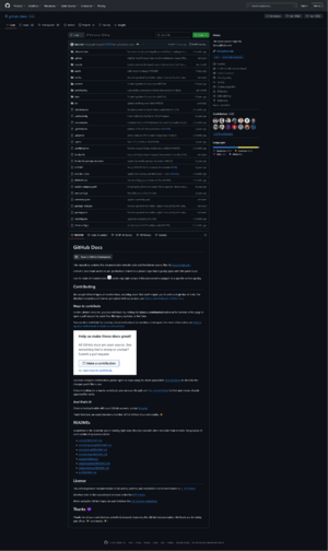 files of the "github/docs" repository, with a readme file, contributor, committed date, etc.