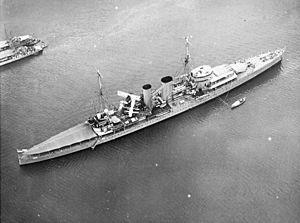 HMS Exeter (68) at anchor in Balboa harbor on 24 April 1934