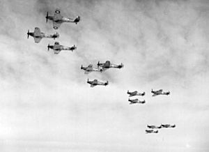 Hawker Hurricanes of 85 Sqn RAF in flight 1940