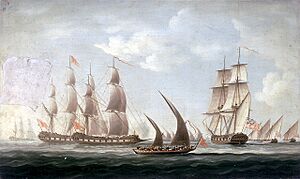 Mahratta pirates attacking the sloop 'Aurora', of the Bombay Marine, 1812; beginning of the action