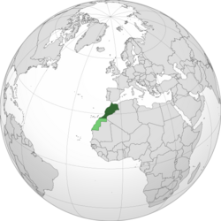 Location of Morocco in northwest Africa      Undisputed territory of Morocco      Western Sahara, a territory claimed and partly occupied by Morocco