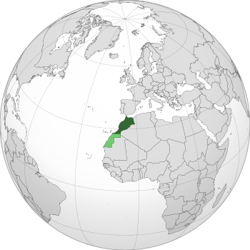 Dark green: Undisputed territory of MoroccoLighter green: Western Sahara, a territory claimed and occupied mostly by Morocco as its Southern Provinces