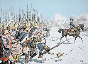Painting of Prussian grenadiers marching across a snowy field while under fire