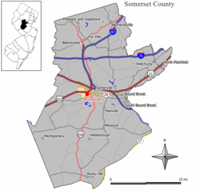 Location of Raritan in Somerset County highlighted in yellow (right). Inset map: Location of Somerset County in New Jersey highlighted in black (left).