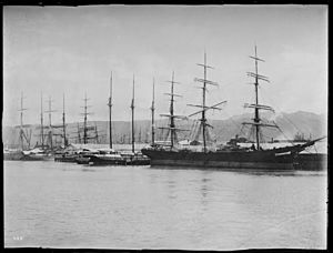 Sailing vessels at wharf in Honolulu harbor, ca.1892-1907 (CHS-402)