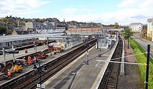 Stirling railway station, catenary erection, view north-west from footbridge, Scotland