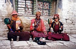 Three monks chanting in Lhasa, 1993