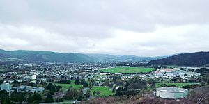 View looking northeast from Silverstream, with Trentham Racecourse in the centre and Trentham Army Camp at right