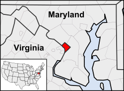 Location of Washington, D.C., in the contiguous United States and in relation to Maryland and Virginia.