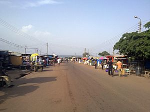 The main street in Yeji. In the background is Lake Volta.