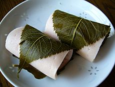A rice cake filled with sweet bean paste and wrapped in a pickled cherry leaf,katori-city,japan.JPG