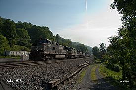 A Norfolk Southern train passes through Ada on the Christiansburg District