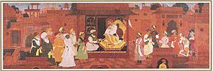 Akbar, Todarmal, Tansen and Abul Fazal, Faizi and Abdur Rahim Khan-i-Khana in a court scene (16th Century A.D.)