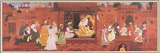 Akbar, Todarmal, Tansen and Abul Fazal, Faizi and Abdur Rahim Khan-i-Khana in a court scene (16th Century A.D.)