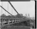 CLOSE PERSPECTIVE VIEW LOOKING SOUTHWEST - Dresden Suspension Bridge, Spanning Muskingum River on State Route 208, Dresden, Muskingum County, OH HAER OHIO,60-DRES,1-3
