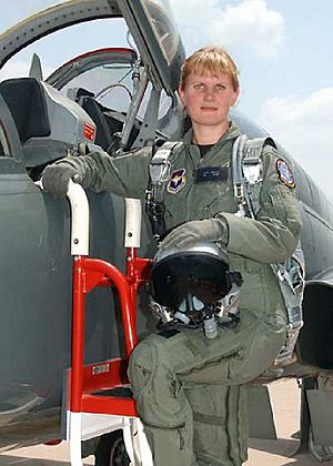First Danish Female Fighter Pilot Lt. Line Bonde with her T-38 Talon at Sheppard AFB, Texas.jpg