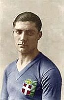 Giuseppe Meazza in the early 1930s wearing Italy's blue shirt with the cross of the House of Savoy badge.