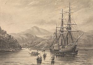 HMS 'Basilisk', anchored in Threshold Bay, New Guinea, 28 May 1874 RMG PW8115