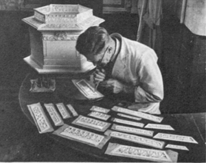 Jack Bryant of Huntley and Palmer preparing decorations for Princess Elizabeth and Philip Mountbatten's 1947 wedding cake
