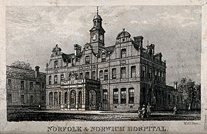 Norfolk and Norwich Hospital, Norwich. Line engraving by W. Wellcome V0014040