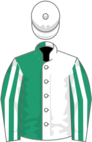 Emerald green and white (halved), striped sleeves, white cap,
