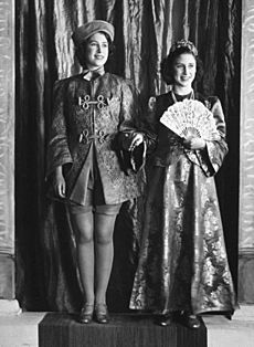 Princesses Elizabeth and Margaret starring in wartime Aladdin, 1943. (7936243828) (cropped)