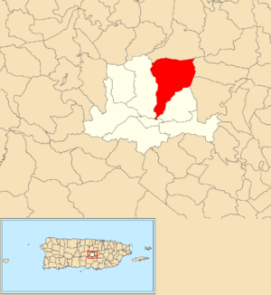 Location of Quebradillas within the municipality of Barranquitas shown in red