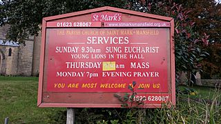 Sign outside St Mark's parish church, Nottingham Road, Mansfield, Nottinghamshire