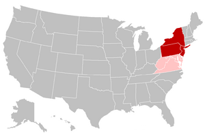 U.S. Mid-Atlantic and Northeastern U.S. states are indicated in dark red; Mid-Atlantic and Southeastern U.S. states are indicated in pink.