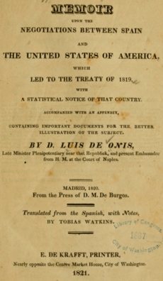 Title Page of Memoir Upon the Negotiations Between Spain and the United States of America Which Led to the Treaty of 1819