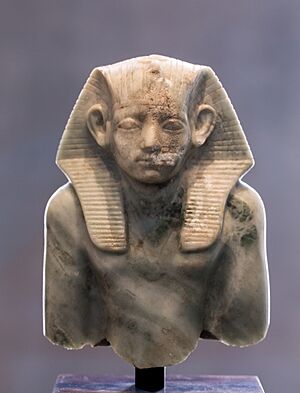 Upper part of portrait statuette of Amenemhat III wearing the nemes 01