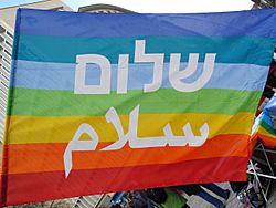 2013-03-30 Ostermarsch Hannover vom Kröpcke aus, Regenbogenfahne Frieden Peace hebräisch Schalom arabisch Salam