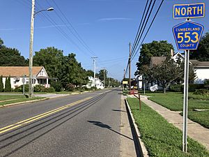 2018-08-08 09 11 26 View north along Cumberland County Route 553 (Main Street) at Campbell Street and Marts Lane in Downe Township, Cumberland County, New Jersey