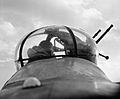 A No. 57 Squadron Lancaster mid-upper gunner in his turret, February 1943. CH8795