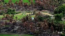 Aerial view of a burned Rohingya village in Rakhine state, Myanmar - September 2017