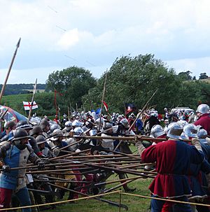 Battle of Tewkesbury reenactment - fighting while arrows fly