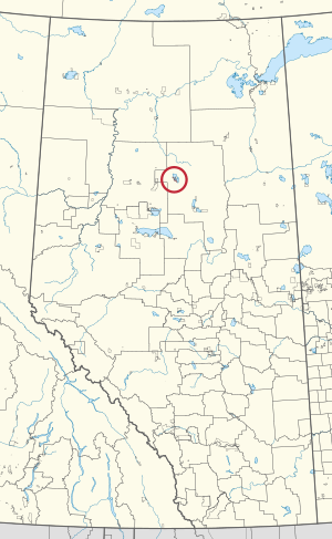 A map of the province of Alberta showing 80 counties and 145 small Indian reserves. One is highlighted with a red circle.