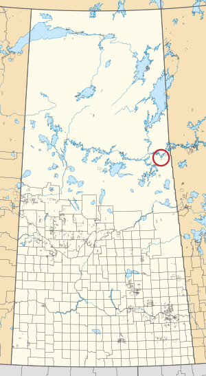 A map of the province of Saskatchewan showing 297 rural municipalities and hundreds of small Indian reserves. One is highlighted with a red circle.