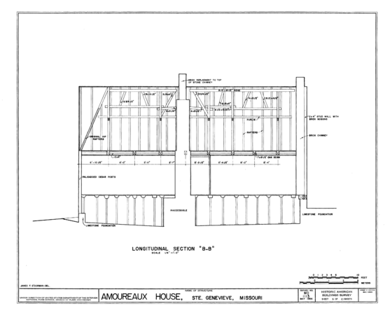 Drawing of a Longitudinal Section of the Amoureaux House in Ste Genevieve MO