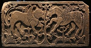 Età bizantina, botteghe alto-giudicali sarde, plutei di san macario, da sant'efisio di nora, 950 dc ca. 01 grifo e pegaso tra albero della vita