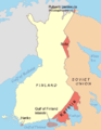 A drawing shows that the Finns ceded a small part of Rybachy Peninsula and part of Salla in the Finnish Lapland; and a part of Karelia and the islands of the Gulf of Finland in the south as well as a lease on the Hanko peninsula in southwestern Finland.