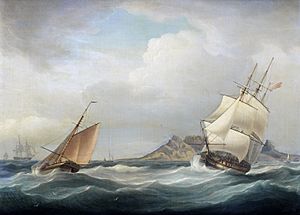 HMS Illustrious heading out of Table Bay in choppy conditions and a stiff breeze, by Thomas Whitcombe (British, 1760-1824)
