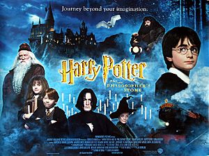 A poster depicting a young boy with glasses, an old man with glasses, a young girl holding books, a redheaded boy, and a large bearded man in front of a castle, with an owl flying. The left poster also features an adult man, an old woman, and a train, with the titles being "Harry Potter and the Philosopher's Stone".
