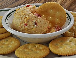 Homemade pimento cheese spread with crackers (cropped)